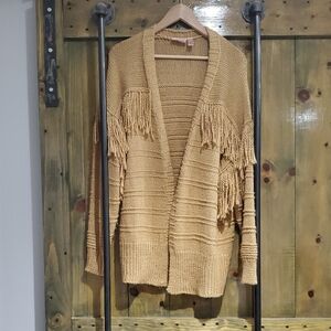 Fringed Tan Oversized Cardigan Sweater Western Cowgirl Boho Festival Farm